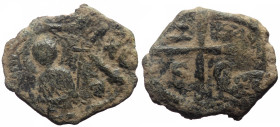 Crusaders, Antioch Tancred (regent, 1101-1112) AE Follis (Bronze, 3.01g, 20mm) 
Obv: S PE/TRVS, Nimbate St. Peter standing facing, raising his hand in...