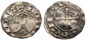 Crusaders, Antioch Bohémond III (1163-1201) AR Denier (Silver, 17mm, 0.86g)
Obv: BOHAMVNDVS Helmeted head of a knight to left flanked by crescent and ...