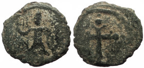 Crusaders, Edessa AE (Bronze, 3.00g, 20mm) Baldwin II (Second reign 1108-1118) struck 1110-1118. 
Obv: Baldwin standing left, wearing conical helmet a...