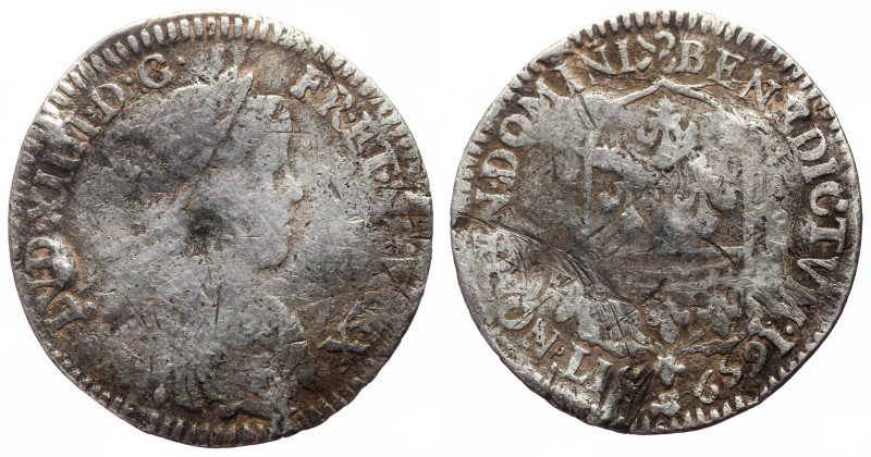 France, Louis XIV (1643-1715) AR 1/12 Écu (Silver, 2.13g, 22mm) 1659-& Aix.
Obv:...