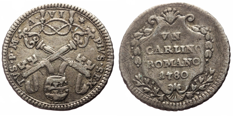 Italy, Papal States 1 AR carlino (Silver, 2.62g, 21mm) 1780
Obv: PIVS SEXTVS PON...