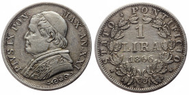 Italy, Papal States 1 Lira (Silver, 4.92g, 24mm) 1868
Obv: PIVS IX PON٠M٠A٠XXIII, Bust to left.
Rev: * STATO * PONTIFICIO * / 1 LIRA / 1868 / R, Value...