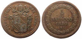 Italy, Papal States, 1/2 Baiocco (Bronze, 4.96g, 24mm) Pio IX 
Obv: PIVS·IX·PONT. MAX·ANN · V, Crossed keys above shield
Rev: 1 / 2 / BAIOCCO / 1850, ...