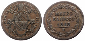 Italy, Papal States, 1/2 Baiocco (Bronze, 4.79g, 24mm) Pio IX 
Obv: PIVS·IX PON MAX AN · IIII, Legend around Papal arms
Rev: MEZZO / BAIOCCO / 1848 / ...