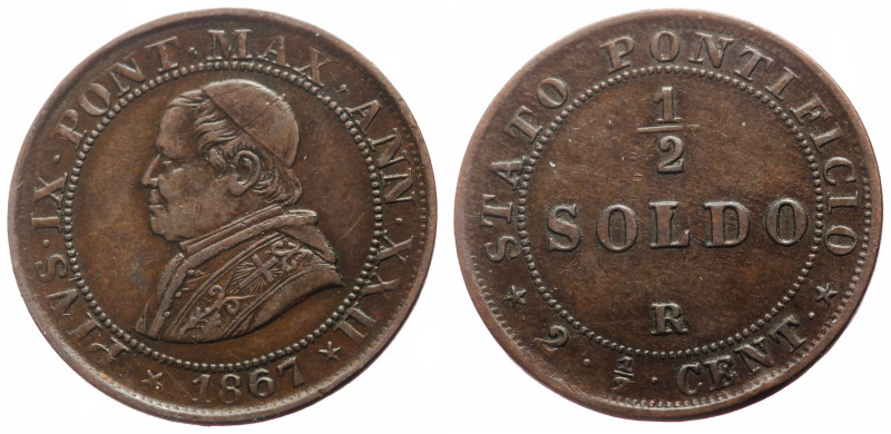 Italy, Papal States, 1/2 Soldo (Bronze, 2.47g, 23mm) Pio IX 
Obv: PIVS·IX·PONT·M...