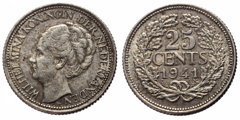 Netherlands, 25 Cents (Silver, 3.56g, 20mm) Wilhelmina
Obv: WILHELMINA KONINIGIN...