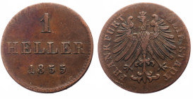 Germany, German States › Frankfurt 1 Heller (Bronze, 1.52g, 17mm)
Obv: FREIE STADT FRANKFURT, Eagle with legend on the sides.
Rev: 1 HELLER 1854, 3-...