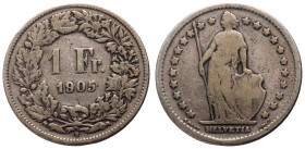 Switzerland, Schweizerische Eidgenossenschaft (Swiss Confederation) 1848-present. 1 Franken 1905 B (Silver, 23 mm, 4.77g)
Obv: Helvetia standing faci...