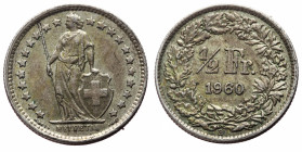 Switzerland (1848-2024) ½ Franc 9Silver, 2.46g, 19mm)
Obv: HELVETIA / A. BOVY INCᵀ, Full-length figure of Helvetia, standing, facing left, wearing to...