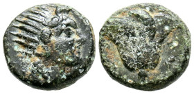 CARIA, Rodas. Ae12. (Ae. 1,54g/11mm). 167-88 a.C. (Seaby 5080). Anv: Cabeza de Helios radiada a derecha. Rev: Rosa. Pátina verde. MBC.