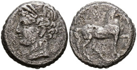 ZEUGITANIA, Cártago. Doble Shekel. (Ve. 12,49g/25mm). 200-146 a.C. Anv: Cabeza diademada de Tanit a izquierda. Rev: Caballo avanzando a derecha. BC+. ...