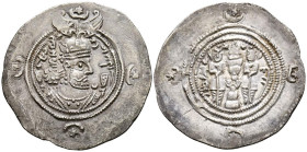 IMPERIO SASANIDA, Khusro II. Dracma. (Ar. 3,90g/32mm). Año 36 PYE/635-6 d.C. YZ (Yazd). (Göbl-II/3). Anv: Busto coronado y drapeado de Khusro II a der...