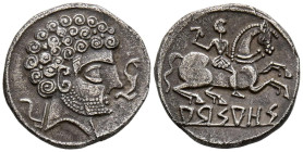 ARSAOS (Zona de Navarra). Denario. (Ar. 3,33g/18mm). 120-80 a.C. (FAB-139). Anv: Cabeza masculina barbada a derecha, delante delfín, detrás arado. Rev...