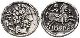 BASCUNES (Pamplona). Denario (Ar. 4,01g/19mm). 120-20 a.C. (FAB-215). Anv: Cabeza masculina barbada a derecha, detrás leyenda ibérica BeNCoDa. Rev: Ji...