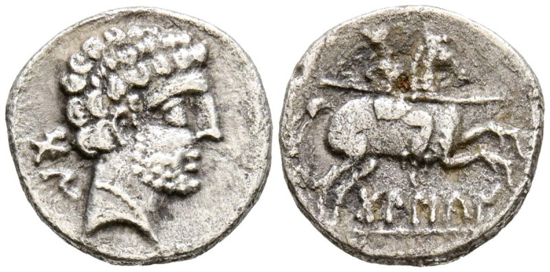 BOLSCAN (Huesca). Denario. (Ar. 3,45g/17mm). 180-20 a.C. (FAB-1911). Anv: Cabeza...