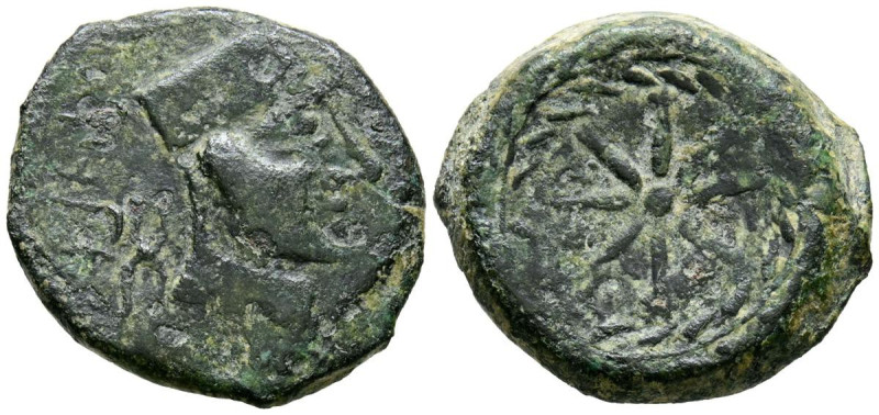 MALACA (Málaga). Semis. (Ae. 8,49g/23mm). 200-20 a.C. (FAB-1733). Anv: Cabeza de...