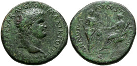 NERON. Sestercio. (Ae. 26,16g/36mm). 64 d.C. Roma. (RIC 494). Anv: Cabeza laureada de Nerón a izquierda, alrededor leyenda: IMP NERO CAESAR AVG PONT M...