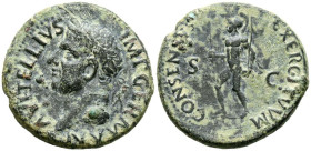 VITELIO. As. (Ae. 11,20/28mm). 69 d.C. Tarraco. (Ric-40). (Bmcre-99/102). Anv.: A VITEL(LIVS) IMP GERMAN. Cabeza laureada a izquierda. Rev: Marte con ...