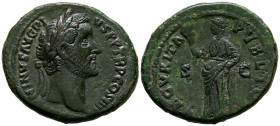 ANTONINO PIO. As. (Ae. 10,74g/28mm). 145-161 d.C. Roma. (RIC 828). Anv: Busto laureado de Antonino Pío a derecha, alrededor leyenda: ANTONINVS AVG PIV...