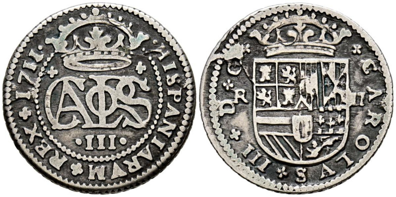 CARLOS III, el Pretendiente (1700-1714). 2 Reales. (Ar. 4,72g/27mm). 1711. Barce...