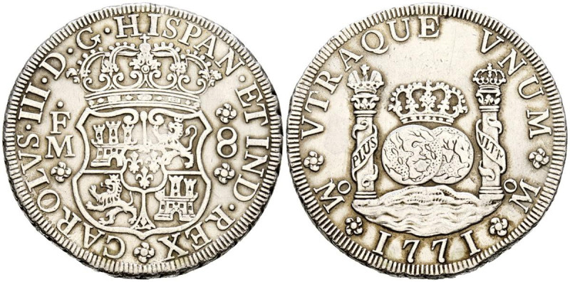 CARLOS III (1759-1788). 8 Reales. (Ar. 26,94g/39mm). 1771. México FM. Último año...