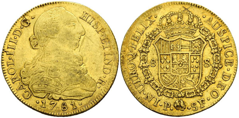 CARLOS III (1759-1788). 8 Escudos. (Au. 27,08g/37mm). 1781. Popayán SF. (Cal-201...