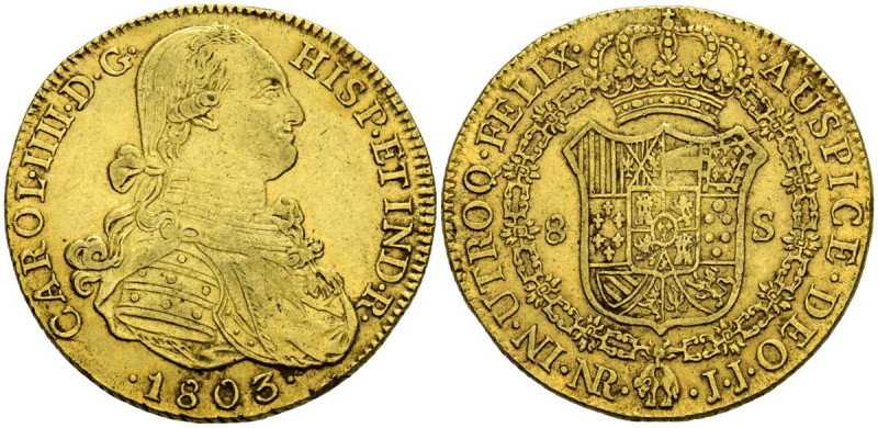 CARLOS IV (1788-1808). 8 Escudos. (Au. 27,00g/36mm). 1803. Santa Fe de Nuevo Rei...