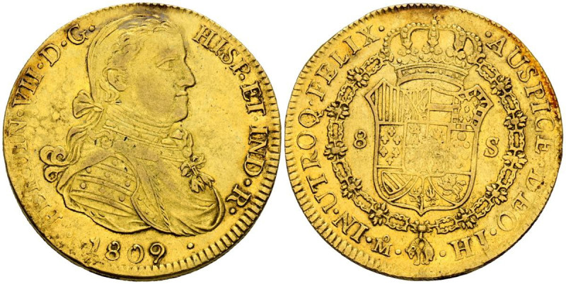 FERNANDO VII (1808-1833). 8 Escudos. (Au. 26,99g/37mm). 1809. México HJ. Busto i...