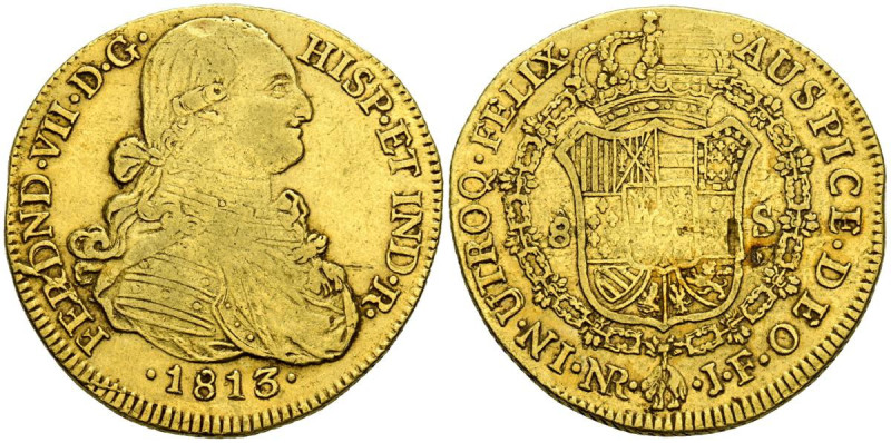 FERNANDO VII (1808-1833). 8 Escudos. (Au. 27,03g/36mm). 1813. Nuevo Reino JF. Bu...