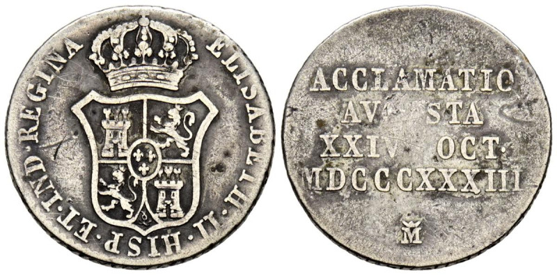 ISABEL II (1833-1868). Medalla de de 1 Real. (Ar. 2,90g/19mm). Proclamación en M...