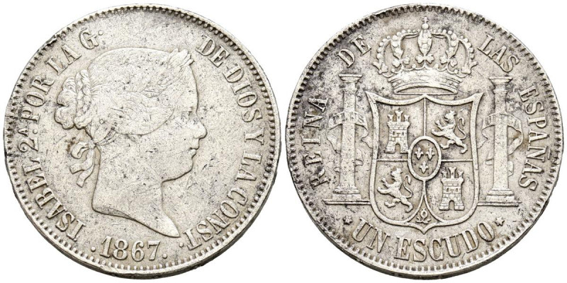 ISABEL II (1833-1868). 1 Escudo. (Ar. 12,96g /29mm). 1867. Madrid. (Cal-2019-565...