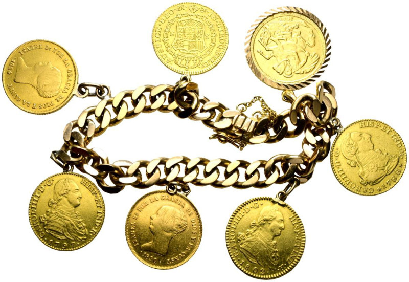 Pulsera de oro con 7 monedas engarzadas: 4 piezas de 2 Escudos de Carlos III y C...