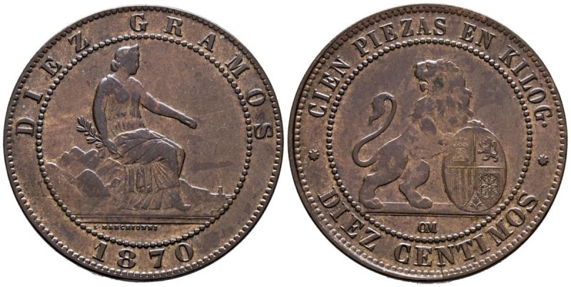 GOBIERNO PROVISIONAL (1868-1871). 10 Céntimos. (Ae. 10,17g/30mm). 1870. Barcelon...