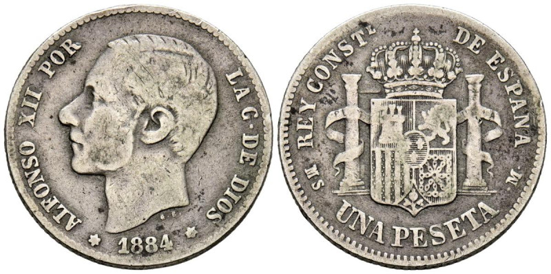 ALFONSO XII (1874-1885). 1 Peseta. (Ar. 4,80g/23mm). 1884 *18-84. Madrid MSM. (C...