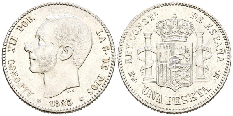 ALFONSO XII. (1874-1885). 1 Peseta (Ar. 5,11g/23mm). 1885 *18-85. Madrid MSM. (C...