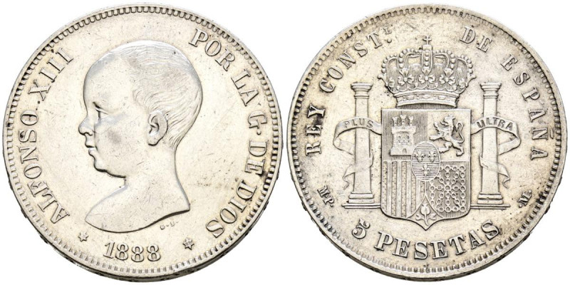 ALFONSO XIII (1885-1931). 5 Pesetas. (Ar. 24,69g/37mm). 1888 *18-88. Madrid MPM....