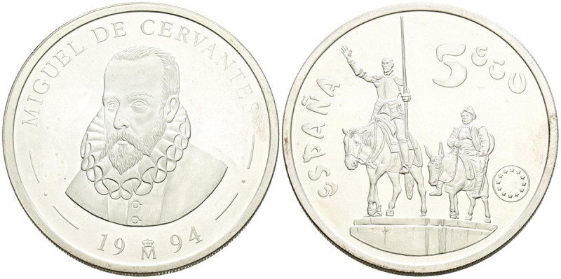 JUAN CARLOS I (1975-2014). 5 Ecu. (Ar. 33,62g/42mm). Cervantes-Don Quijote. 1994...