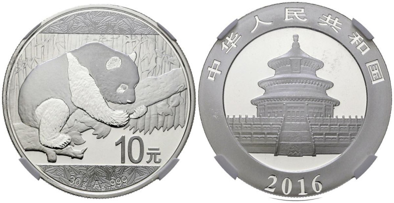 CHINA. 10 Yuan. (Ar. 30,00g/40mm)*. 2016. Serie Panda. Encapsulado por NGC MS 70...