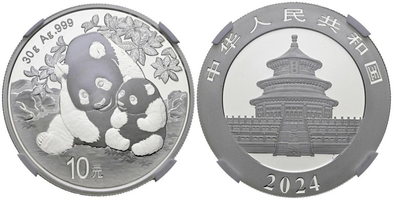 CHINA. 10 Yuan. (Ar. 30,00g/40mm)*. 2024. Serie Panda. Encapsulado por NGC MS 70...