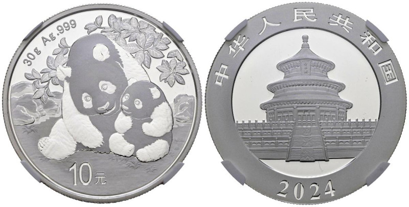 CHINA. 10 Yuan. (Ar. 30,00g/40mm)*. 2024. Serie Panda. Encapsulado por NGC. MS 7...