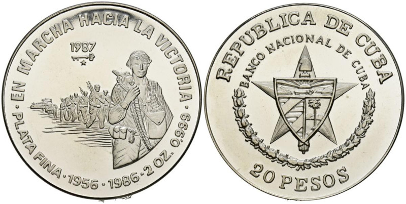 CUBA. 20 Pesos. (Ar. 62,01g/45mm). 1987. En marcha hacia la victoria. 30 Anivers...