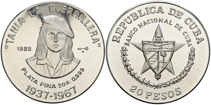 CUBA. 20 Pesos. (Ar. 62,16g/45mm). 1988. Tania la Guerrillera. (Km#235). PROOF. ...