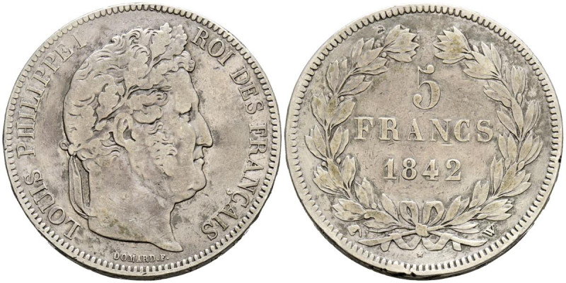 FRANCIA. 5 Francs. (Ar. 24,78g/37mm). 1842. Lille W. (Km#749.13). MBC.