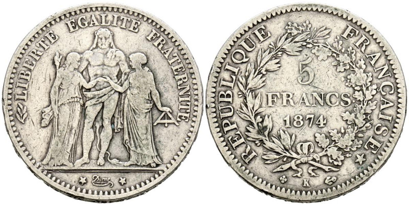 FRANCIA. 5 Francs. (Ar. 24,70g/37mm). 1874. Burdeos K. III República. (Km#820.2)...