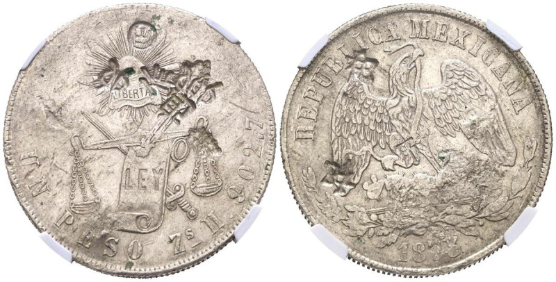 MÉXICO. 1 Peso. (Ar. 27,07g/38mm)*. 1873. Zacatecas H. (Km#408.8). Encapsulado p...