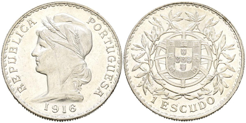 PORTUGAL. 1 Escudo. (Ar. 24,90g/37mm). 1916. (Gomes 23.02). EBC. Marquitas.