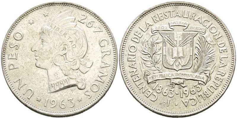 REPÚBLICA DOMINICANA. 1 Peso. (Ar. 26,62g/38mm). 1963. Centenario de la Repúblic...