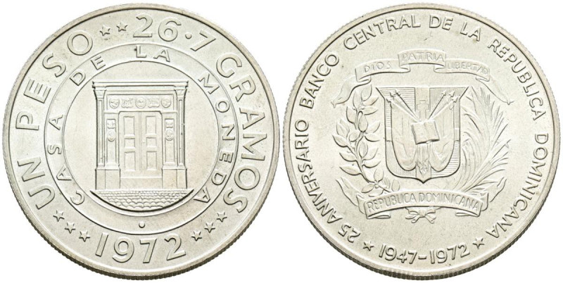 REPÚBLICA DOMINICANA. 1 Peso. (Ar. 26,76g/38mm). 1972. 25 Aniversario del Banco ...