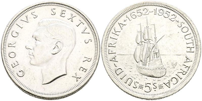 SUDÁFRICA. 5 Shillings. (Ar. 28,15g/39mm). 1952. Jorge VI. 300º Aniversario de l...