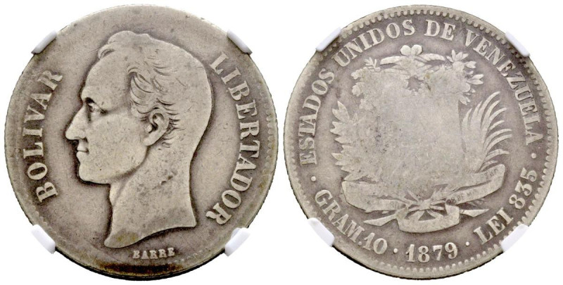 VENEZUELA. 2 Bolívares. (Ar. 10,00g/27mm)*. 1879. Bruselas. (Km#23). Encapsulado...